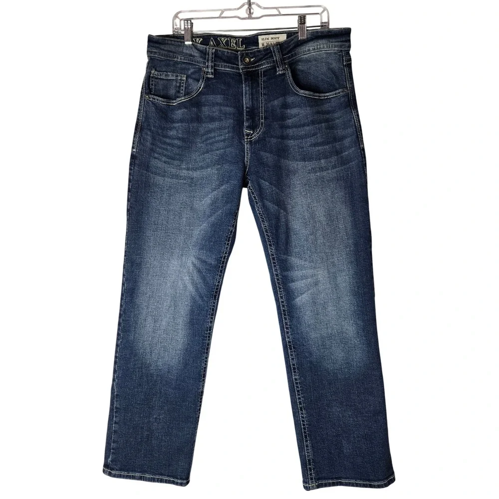 TK Axel Slim Boot Jeans 36x30 Blue Medium Wash Whiskered Stretch Denim #1339